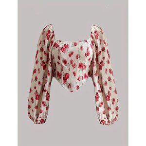 Elegant Chic Floral Print Blouse – Square Neck & Long Sleeves